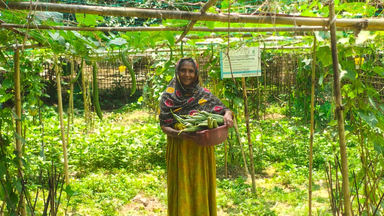 Oxfam partner, Mukti Cox's Bazar, has implemented training in gardening and vegetable cultivation with Rohingya refugees and host community members. Participants have been able to cultivate healthy and climate-smart vegetable gardens, supporting their livelihoods. (Mukti Cox's Bazar/Oxfam)