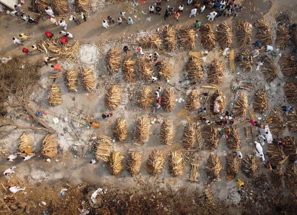 The grounds are prepared for mass cremation of coronavirus disease (COVID-19) victims in New Delhi, India, April 28, 2021. Picture taken with a drone